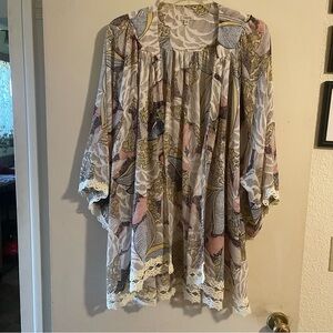 JODIFL Floral Patterned Kimono with Lace Boho Granola Whimsy Layering Oversized